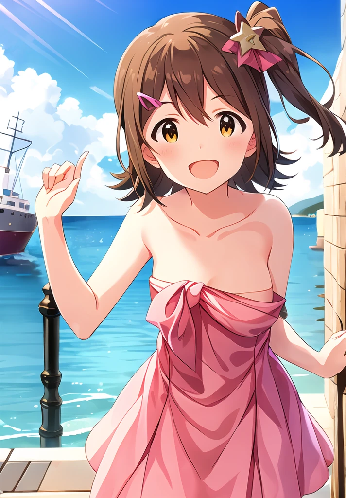 mirai kasuga (million live), shiny trinity \(costume\), (best quality, 8K, masterpiece, ultra detailed:1.2), sea, day, dappled sunlight, blue sky, beautiful clouds, gradient sky, boat, skyline,
1girl, solo, skirt, smile, open mouth, v, looking at viewer, (((( naked))))) , blush, serafuku, collarbone, bow, ribbon, blue bow, (star hairclip)