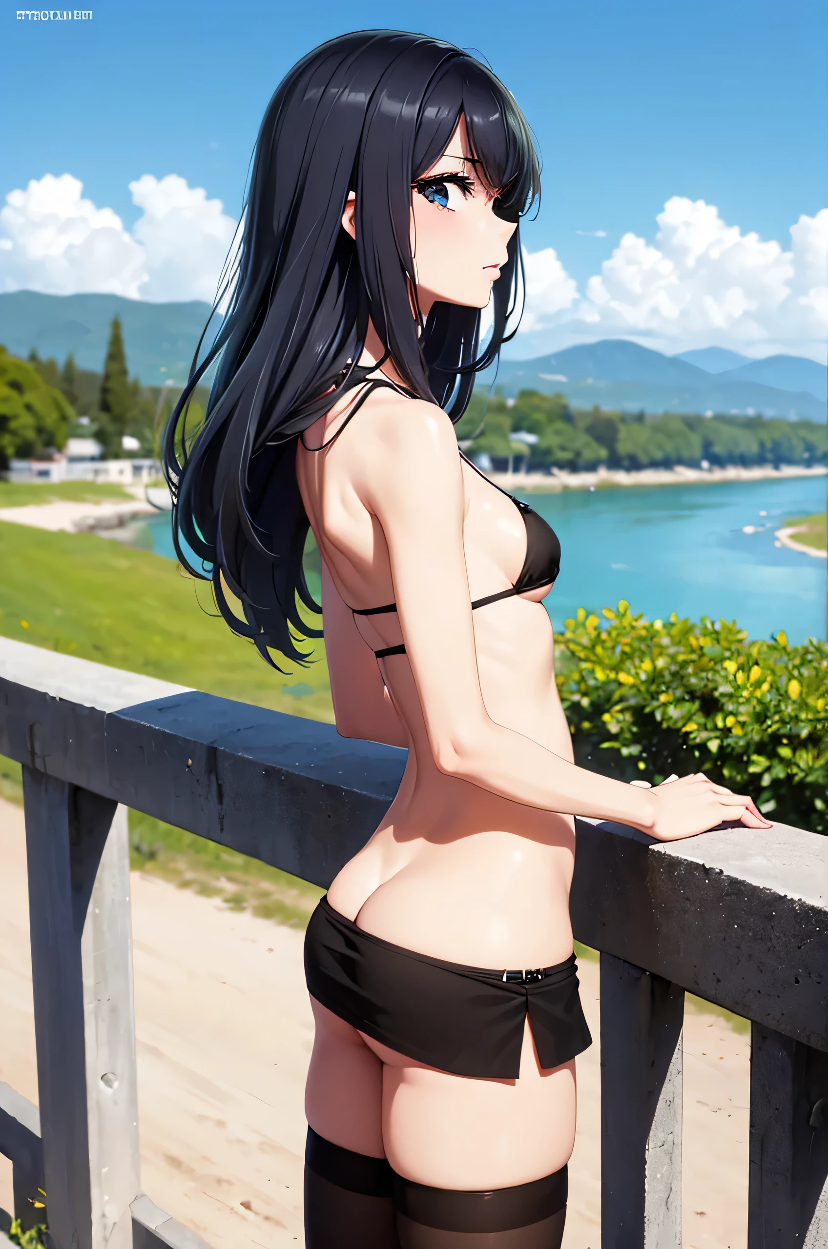 (masterpiece),4k, (ultra realistic), (best quality), (high detailed face),sexy, 1girl, a beautiful girl near the river, slim, long legs, (bikini), (flat chested), (black stocking), (front view), (ultra detailed body), (ultra detailed hair), (high detailed hands), anime, (on all four:1.4)