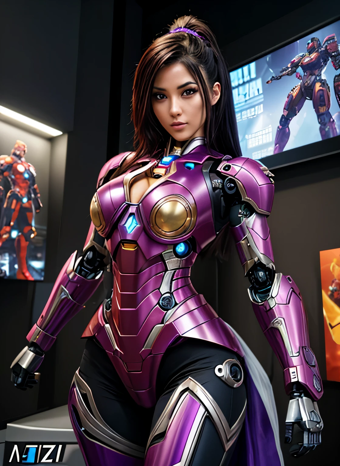 texturized skin, super detaill, High details, high qualiy, best qualityer, high resolution, 1080P, Hard disk, comely,(iron girl),beautiful cyborg woman,Kizi, Mecha,Battle Mode,Kizi ,She uses a purple Iron Man mecha,full body shot shot, completely purple armor