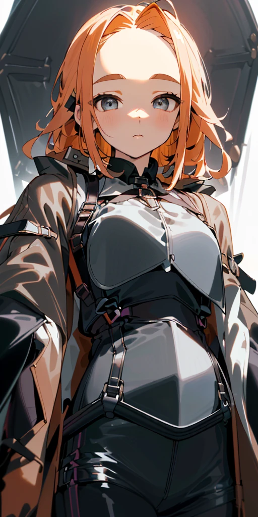 1 girl、one person、skinny body shape、orange hair、beautiful lilac eyes、intense joy on the face、upper body close-up, ((highest quality、masterpiece、((detailed))、1 cute girl、beautiful face、beautiful anime、1girl、young girl、 solo、cute bangs、 (forehead:1.2)、 athletic、 neutral、 (overcoat、black coat、 open coat:1.2)、yellow shirt、 collared shirt、 (chest harness、 shoulder strap:1.15)、 black leather Pants、garter belt、gloves、(Light armor)、from below、elegant、 looking at viewer、standing、Isometric light、 (close-up to face:1.3)、4k