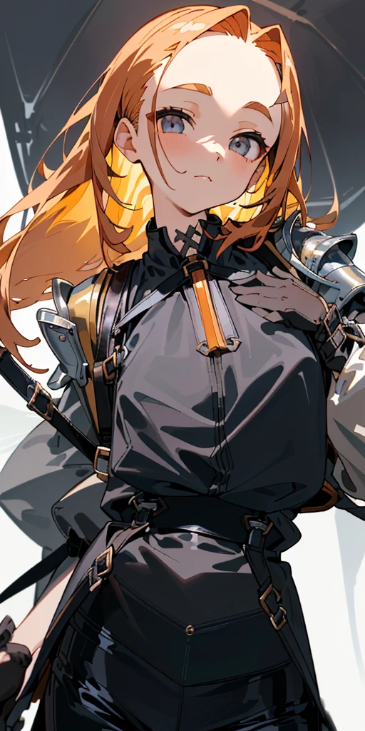 1 girl、one person、skinny body shape、orange hair、beautiful lilac eyes、intense joy on the face、upper body close-up, ((highest quality、masterpiece、((detailed))、1 cute girl、beautiful face、beautiful anime、1girl、young girl、 solo、cute bangs、 (forehead:1.2)、 athletic、 neutral、 (overcoat、black coat、 open coat:1.2)、yellow shirt、 collared shirt、 (chest harness、 shoulder strap:1.15)、 black leather Pants、garter belt、gloves、(Light armor)、from below、elegant、 looking at viewer、standing、Isometric light、 (close-up to face:1.3)、4k