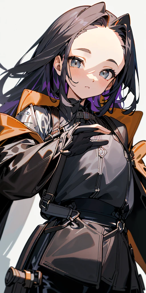 1 girl、one person、skinny body shape、orange hair、beautiful lilac eyes、intense joy on the face、upper body close-up, ((highest quality、masterpiece、((detailed))、1 cute girl、beautiful face、beautiful anime、1girl、young girl、 solo、cute bangs、 (forehead:1.2)、 athletic、 neutral、 (overcoat、black coat、 open coat:1.2)、yellow shirt、 collared shirt、 (chest harness、 shoulder strap:1.15)、 black leather Pants、garter belt、gloves、(Light armor)、from below、elegant、 looking at viewer、standing、Isometric light、 (close-up to face:1.3)、4k