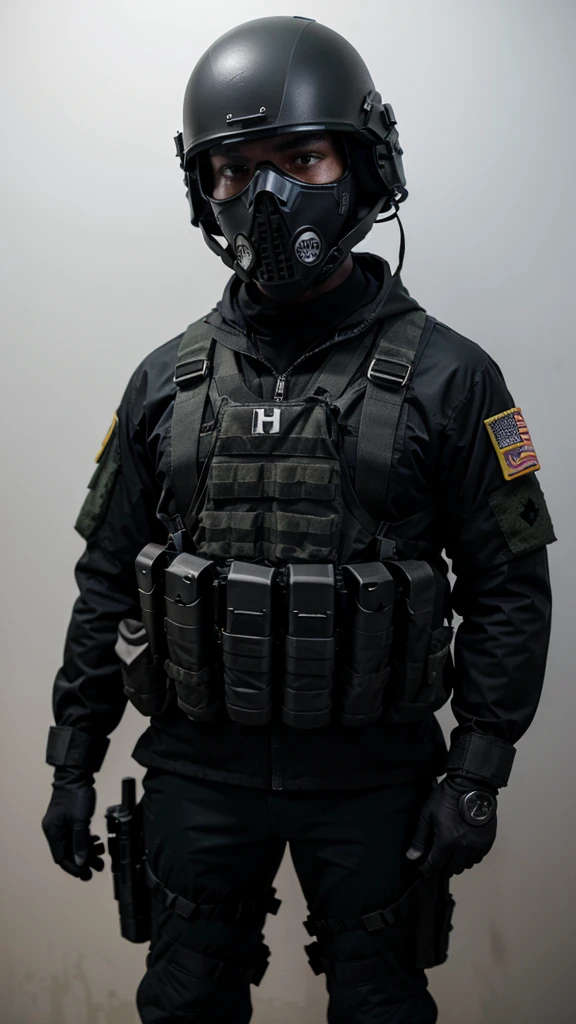 An American special forces soldier, with his face completely covered by a skull mask, with a military helmet that has night vision, and holding a rifle, full body, completely black, completely white background