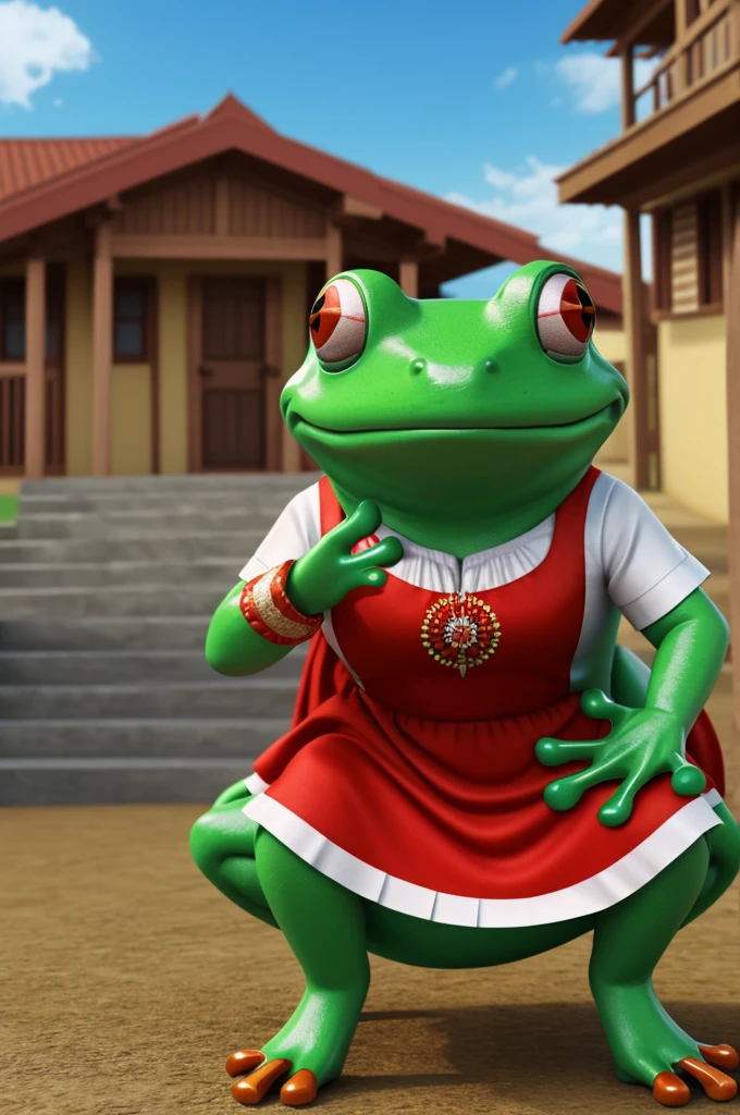 Believe me a cartoon frog in hyper-realistic 3D, with female national folkloric dress of the republic of panama 