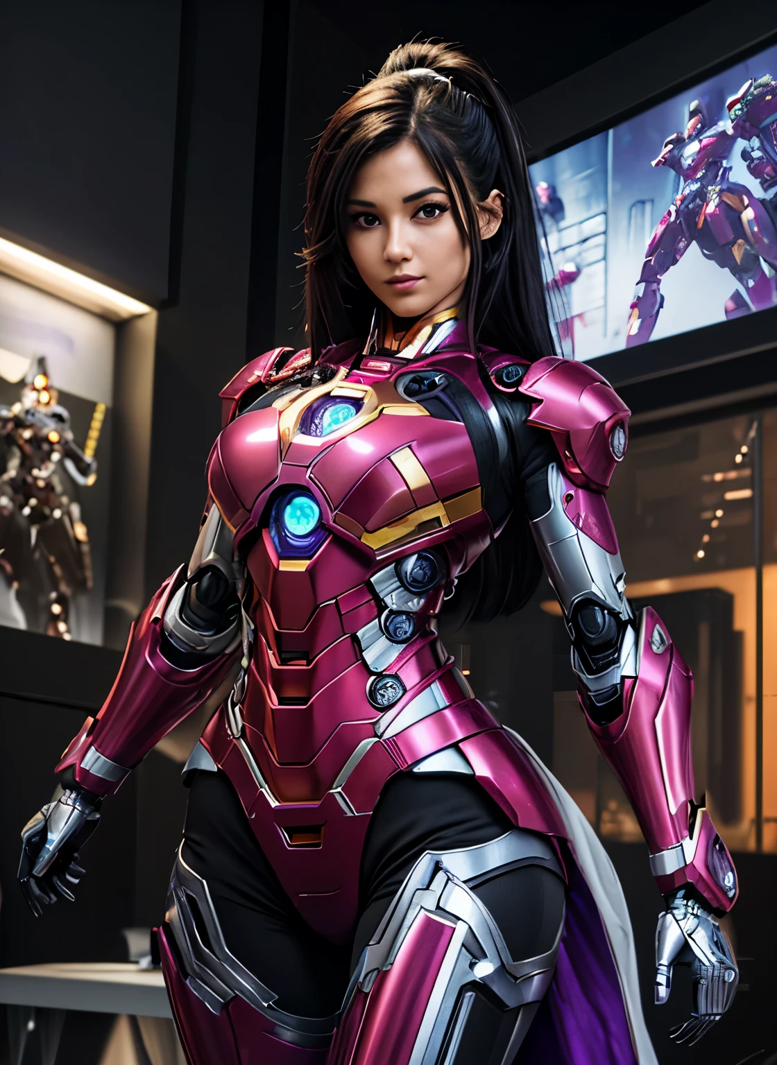 texturized skin, super detaill, High details, high qualiy, best qualityer, high resolution, 1080P, Hard disk, comely,(iron girl),beautiful cyborg woman,Kizi, Mecha,Battle Mode,Kizi ,She uses a purple Iron Man mecha,full body shot shot, completely purple armor