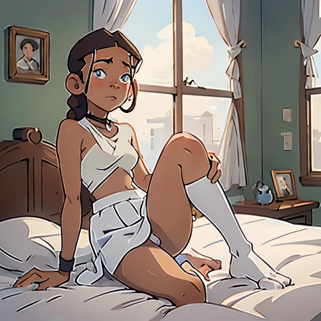 Selfie, full body, 18yo Katara, mirror bed selfie, nude, katara masterpiece, best quality, girl, nude, katara, loose tennis skirt, up skirt, selfie in full, toned, dark skin, braid, jewelry, topless, small breasts, in bed, looking at viewer innocently, blushing sexy excited expression, white sporty thigh high socks, rule34, red butt cheeks, no panties (blue eyes:0.6), necklace