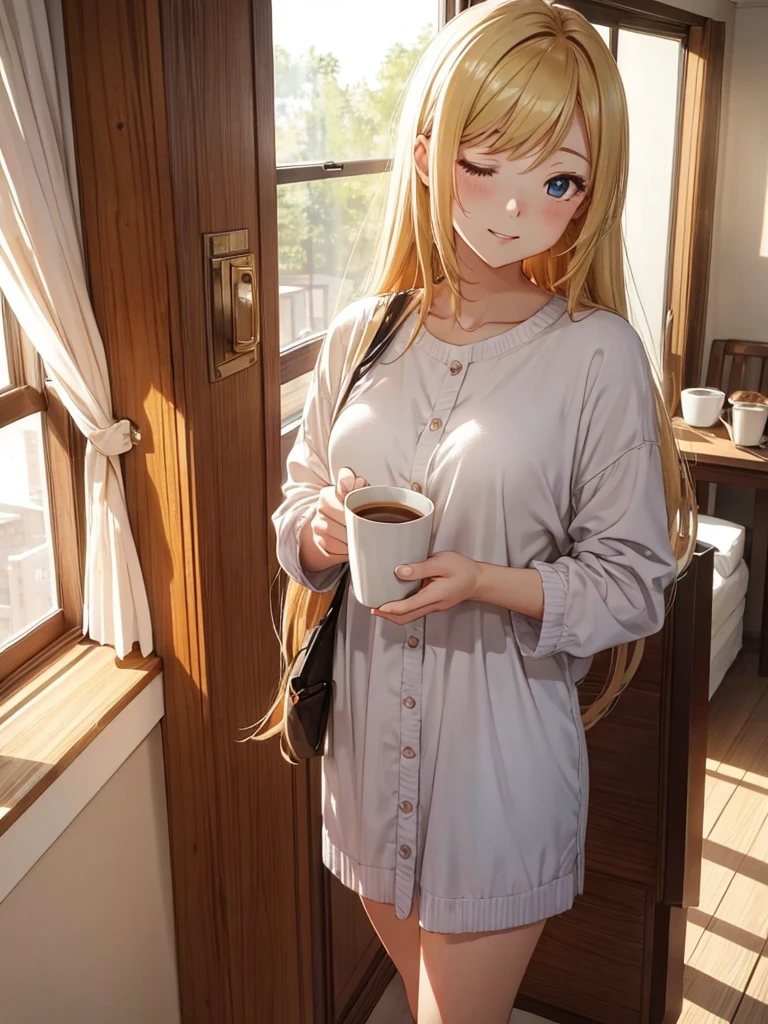 beautiful若い女性, Anime Style, Detailed face, Bright morning light, Bright expression, Casual morning outfit, Soft sleeping habits, Standing by the window where the sunlight pours in, Vivid and warm colors, Cozy bedroom background, Holding a cup of coffee or tea, Morning atmosphere, Very detailed, 8K resolution, Cinema Lighting, Highest quality, Vibrant colors, Instagrammable, beautiful, tendency、Blonde