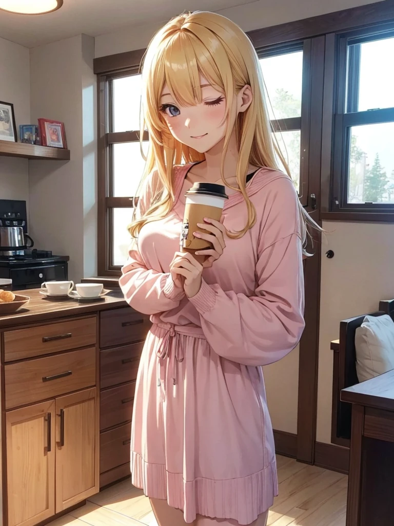 beautiful若い女性, Anime Style, Detailed face, Bright morning light, Bright expression, Casual morning outfit, Soft sleeping habits, Standing by the window where the sunlight pours in, Vivid and warm colors, Cozy bedroom background, Holding a cup of coffee or tea, Morning atmosphere, Very detailed, 8K resolution, Cinema Lighting, Highest quality, Vibrant colors, Instagrammable, beautiful, tendency、Blonde