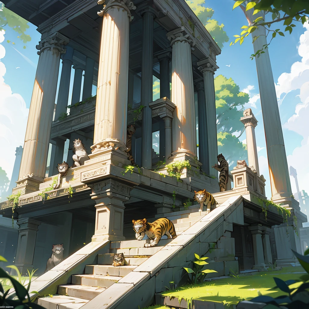 Half-Inca, half-Greek-Roman temple with large staircases ,all covered in vegetation, Creepers, with many different animals scattered around the environment, monkeys , Lions, tigers, and many birds.