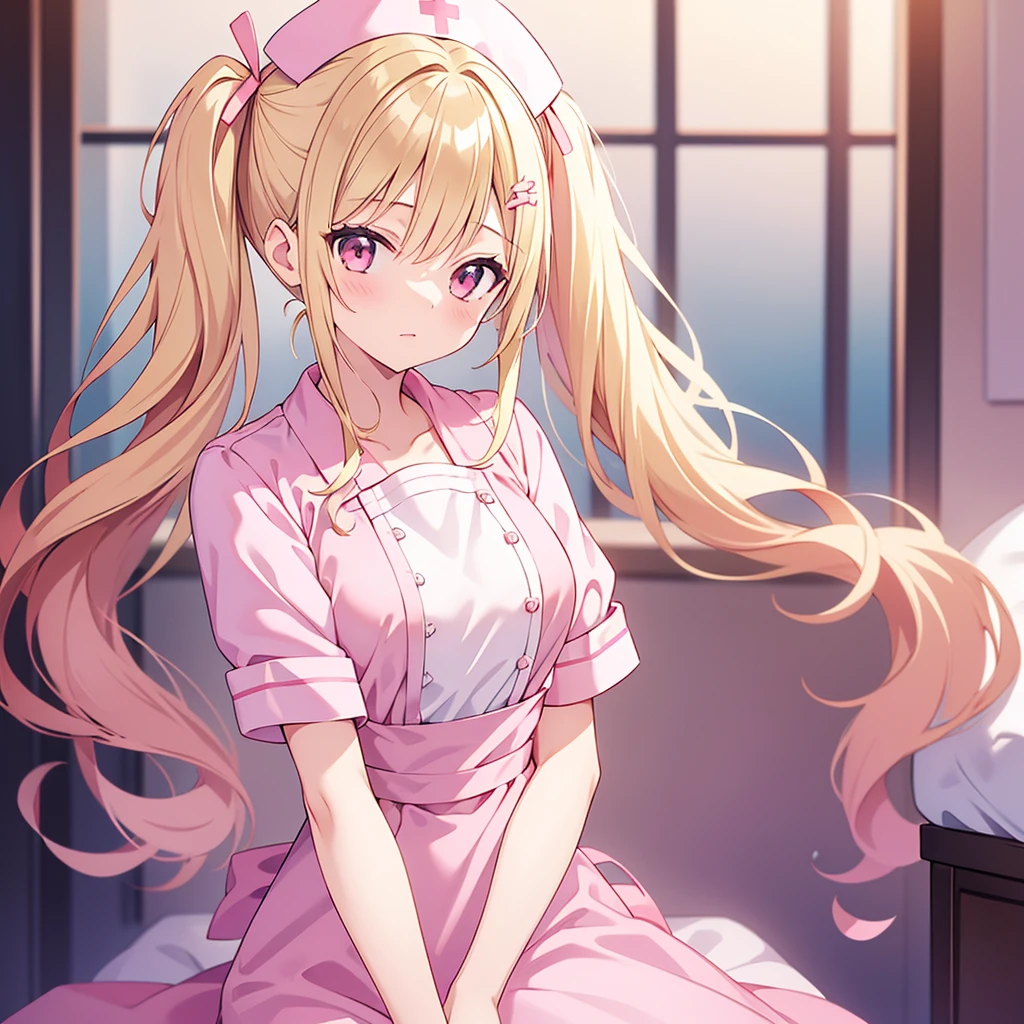 masterpiece, Highest quality, 1 Girl, Beautiful face in every detail, ((Pink Nurse)), I had already finished, Down blouse, Classify your hair, Wavy Hair, Twin tails, Blonde, A nurse&#39;s uniform with some buttons unbuttoned, smile, (Small breasts), (Flat Chest), Sweat, Laughter, (Bottomless), (panties)