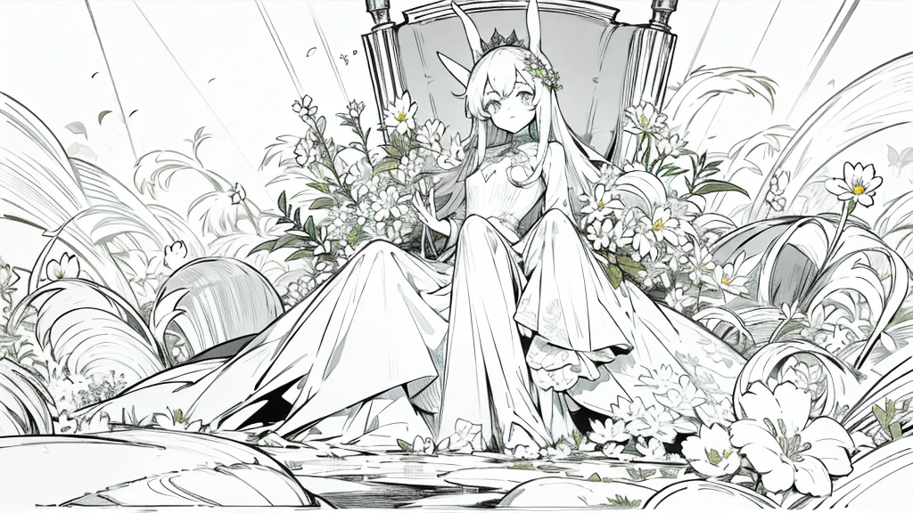 girl, sitting, flowers, bunny suit, throne, long hair, floppy ears