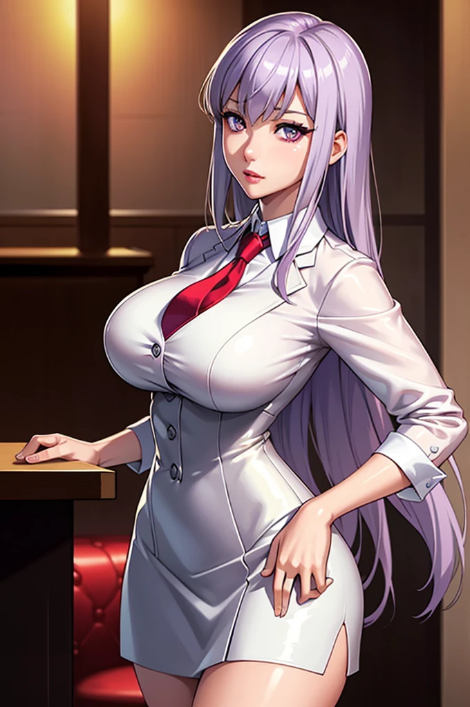 sakuyarindou768, mature female,(Wearing business outfit,formal jacket,neck tie, tie,white shirt, skirt, heels,High waist Skirt)( big perfect round breasts,hourglass body, thin waist,btpt-fc,Photo realistic, (hyperrealistic:1)beautiful, masterpiece, best quality, extremely detailed face, perfect lighting,detailed eye makeup, detail face, nice detailed eyes,nice hands, perfect hands (realistic pupils,realistic iris:1) heavy eye makeup  (working at a restaurant, background restaurant), NSFW