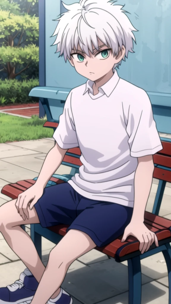 masterpiece, best quality, high quality, 1boy, solo, 14-year-old boy,evil boy,male focus, looking at viewer , white hair, old-school swoop haircut,white shirt with short sleeves,blue jean shorts, blue and yellow eyes, sitting on a bench