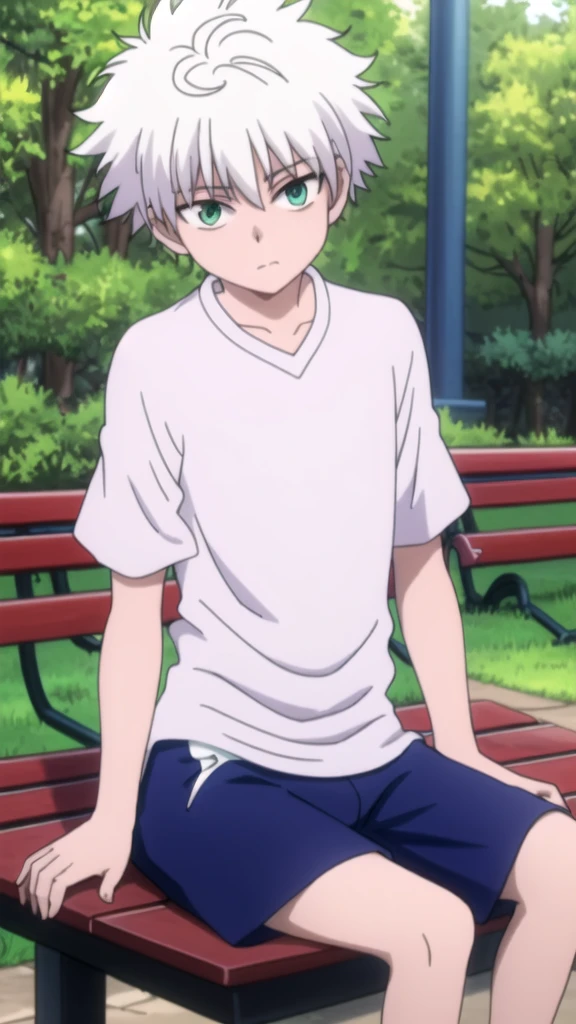 masterpiece, best quality, high quality, 1boy, solo, boy,evil boy,male focus, looking at viewer , white hair, old-school swoop haircut,white shirt with short sleeves,blue jean shorts, blue and yellow eyes, sitting on a bench