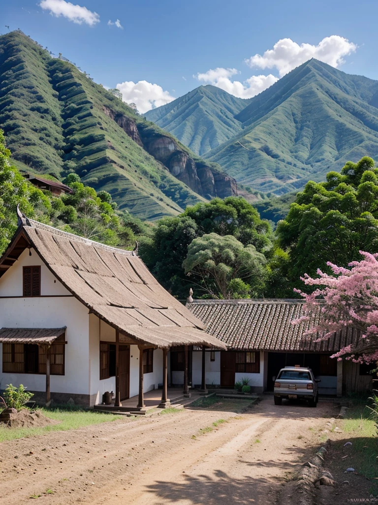 Javanese rural house, there is a pink tree, gravel road, mountain background, clear blue sky