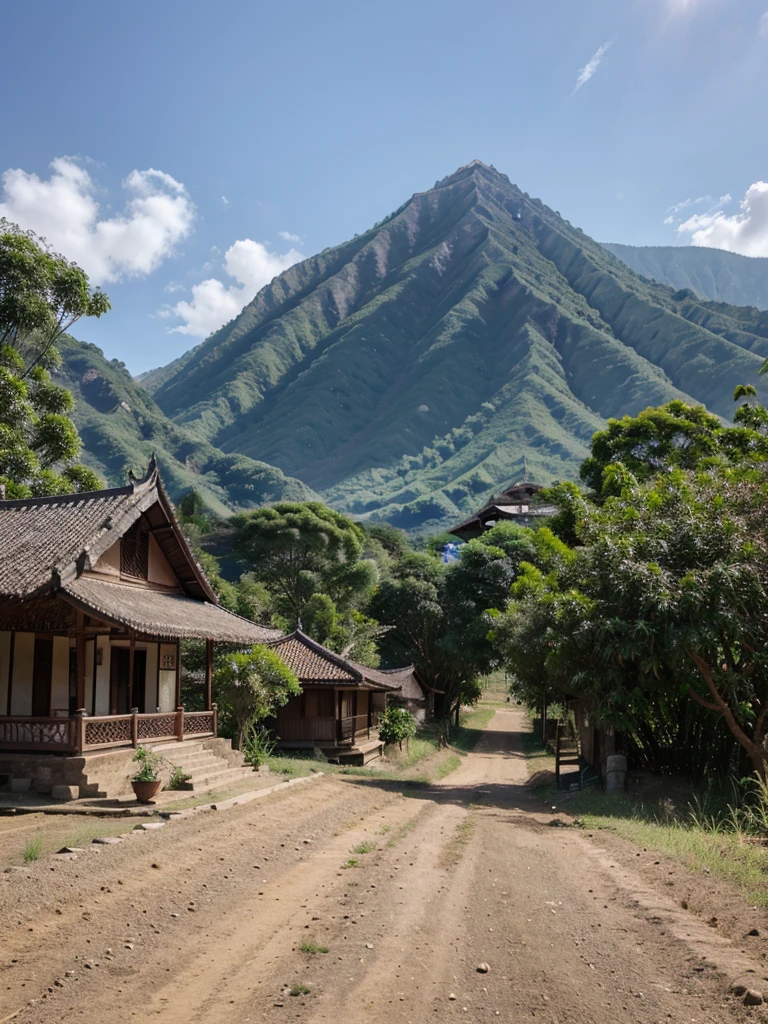 Javanese rural house, there is a pink tree, gravel road, mountain background, clear blue sky