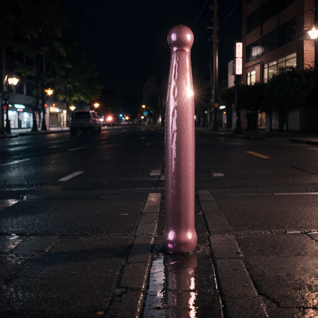 8k, raw photo, realistic photo, shiny dildo on the ground, (at night in downtow), (wet dildo)