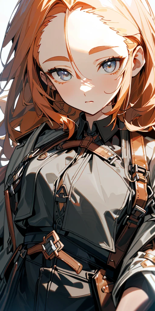 1 girl、one person、skinny body shape、orange hair、beautiful lilac eyes、intense joy on the face、upper body close-up, ((highest quality、masterpiece、((detailed))、1 cute girl、beautiful face、beautiful anime、1girl、young girl、 solo、long hair、cute bangs、 (forehead:1.2)、 athletic、 neutral、 (overcoat、black coat、 open coat:1.2)、yellow shirt、 collared shirt、 (chest harness、 shoulder strap:1.15)、 black leather Pants、garter belt、gloves、(Light armor)、from below、elegant、 looking at viewer、standing、Isometric light、 (close-up to face:1.3)、4k