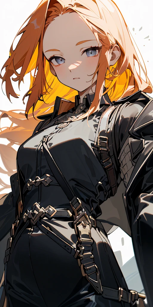 1 girl、one person、skinny body shape、orange hair、beautiful lilac eyes、intense joy on the face、upper body close-up, ((highest quality、masterpiece、((detailed))、1 cute girl、beautiful face、beautiful anime、1girl、young girl、 solo、long hair、cute bangs、 (forehead:1.2)、 athletic、 neutral、 (overcoat、black coat、 open coat:1.2)、yellow shirt、 collared shirt、 (chest harness、 shoulder strap:1.15)、 black leather Pants、garter belt、gloves、(Light armor)、from below、elegant、 looking at viewer、standing、Isometric light、 (close-up to face:1.3)、4k