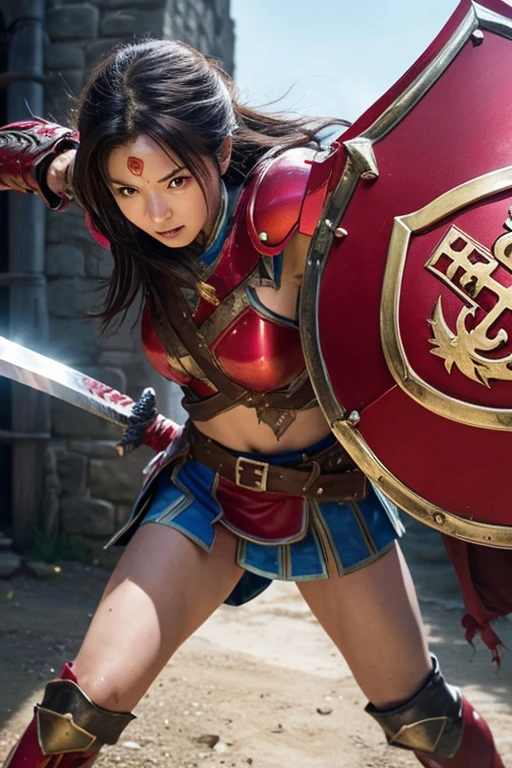 Dragon Quest、Woman warrior、Wearing broken and tattered red armor、Injured、Remaining HP: 1、Shield is destroyed、Coming under attack、触手Coming under attack、Slashed with a sword、Hands tied、Being restrained、I'will be defeated、Can't avoid attacks、鞭Coming under attack、Crucified、Executed、Real、Large damage、shield、sword、alone、Get down on one knee、Struck by hellfire、Final blow、Armor and armor、sexy、breastplate、Bustier