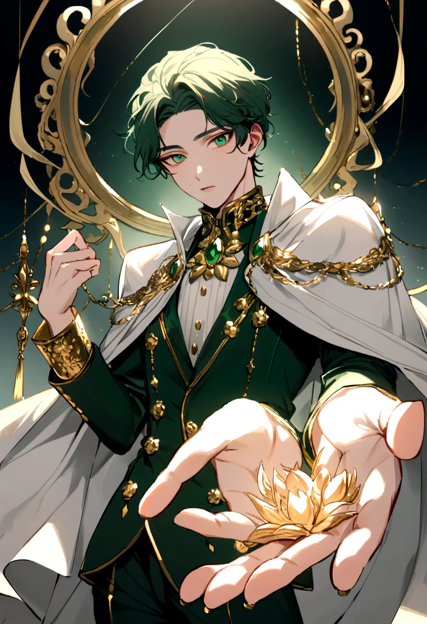 25 year old man, dark green tuxedo with white cape and gold buttons, for the rebel whites, peach skin, jade eyes, Wear gold accessories with hands floating around you... 