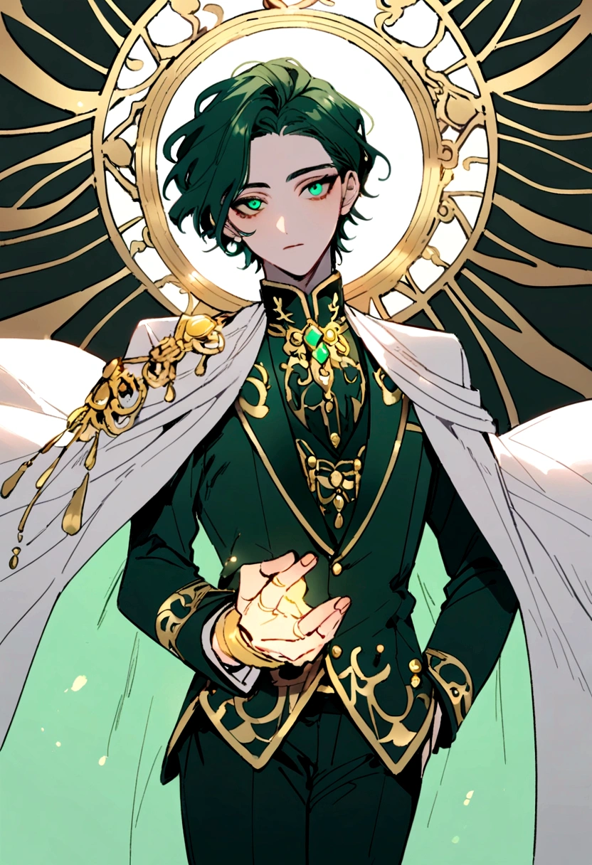 25 year old man, dark green tuxedo with white cape and gold buttons, for the rebel whites, peach skin, jade eyes, Wear gold accessories with hands floating around you... 