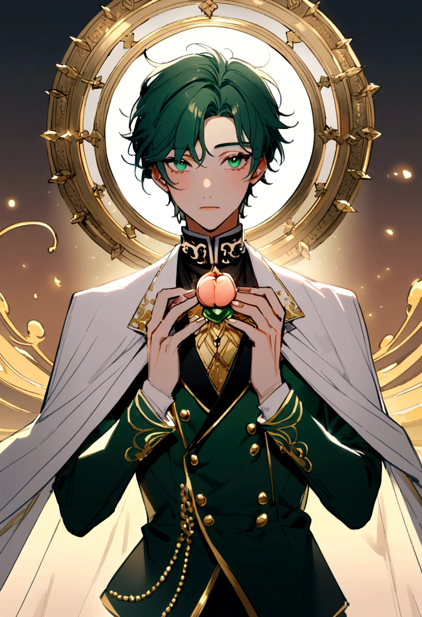 25 year old man, dark green tuxedo with white cape and gold buttons, for the rebel whites, peach skin, jade eyes, Wear gold accessories with hands floating around you...