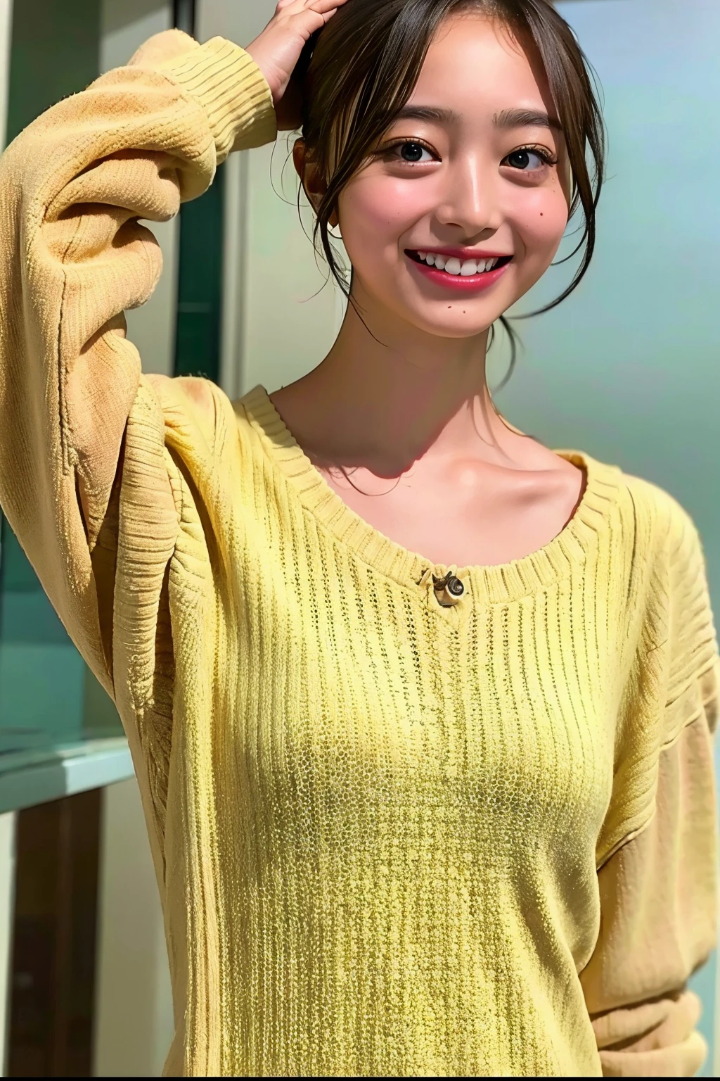 cowboy shot,Ultra-high resolution,big eyes,(brown eyes),Japanese,(forehead),(a girl),(1 girl),(()),((cute)),pretty,((facing at viewer)),arms behind back,grin,outdoor