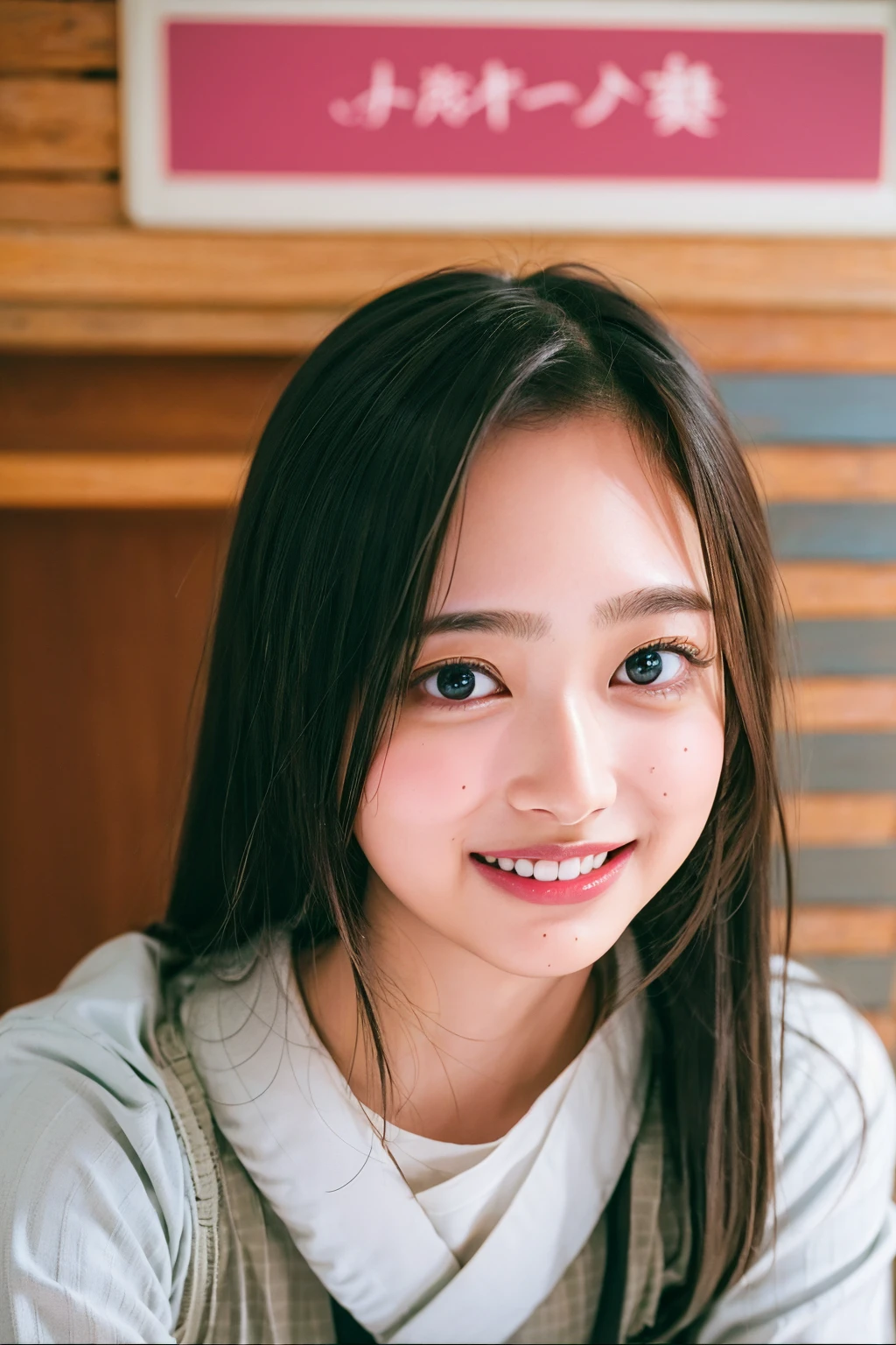 (((upper body shot))),Ultra-high resolution,big eyes,(brown eyes),Japanese,(forehead),(a girl),(1 girl),((18-year-old)),cute,pretty,((facing at viewer)),grin