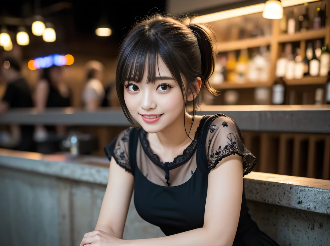 (Highest quality, masterpiece, Ultra-high resolution, 8K, RAW Photos, Realistic, Anatomically correct:1.5), (Stainless steel round bar fence:1.0, Put your elbow on the fence:1.2, 20-year-old girl:1.2, Embarrassing, avert your eyes, blush:1.0, View Viewer, ((bar)) 、Night view、 Light:1.2, Bokeh, Cinema Lighting:1.0, Depth of written boundary, sharp、 Cute face、Idol、Black short sleeve lace top、Black pleated skirt、Black clothing、”dwarf”、(Floral clothes)、Full Body Shot、Side angle、Cowboy Shot、 smile、(Ultra short hair、Short ponytail)、(Straight bangs)、((See-through))、(( One Girl))