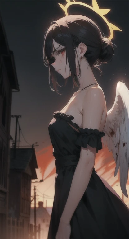 Sweating, angel, halo, midnight, town, dress, blood everywhere, angel covered in blood, looking at viewer pissed, side view,