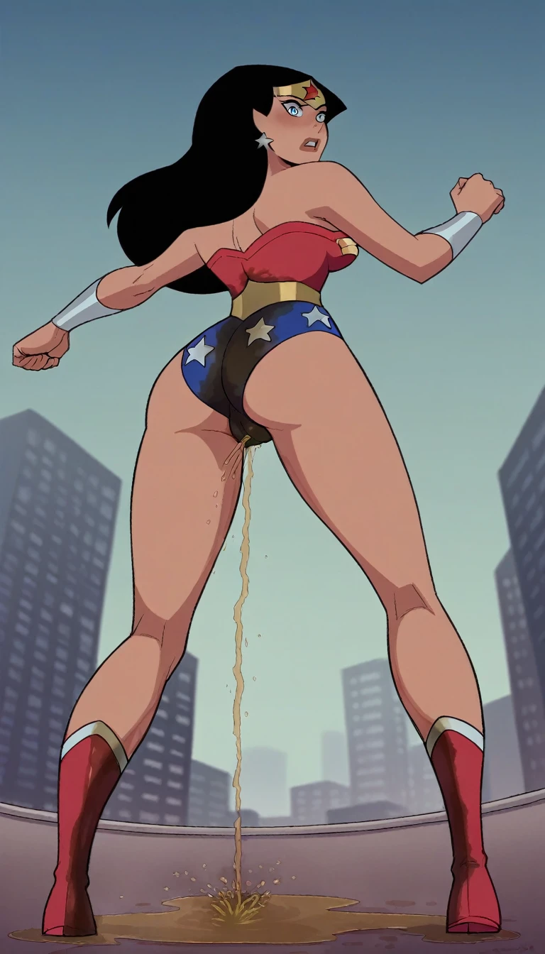 score_9, score_8_up, score_7_up, source_anime, dianaprince, diana prince, blue eyes, black hair, cleavage, bare shoulders, jewelry, star \(symbol\), highleg leotard, thong leotard, star print, superhero, outdoors, cityscape, full body, looking at viewer, solo, dutch angle, red boots, ((wetting self, pee stains, puddle, urine running down legs)), ((cameltoe)), seen from below, dynamic angle, looking down, blushing, shocked expression, back view, ass