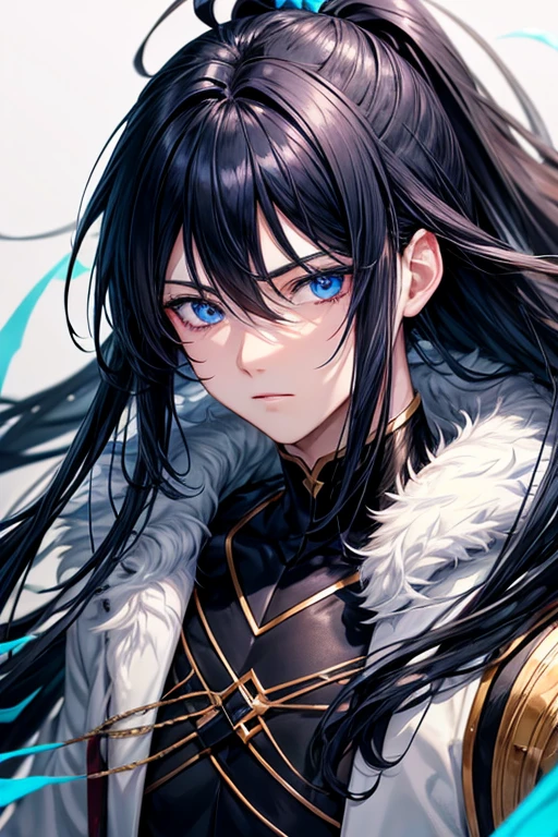 Dark blue eyed boy with black hair with ends diyed white and blue anime style