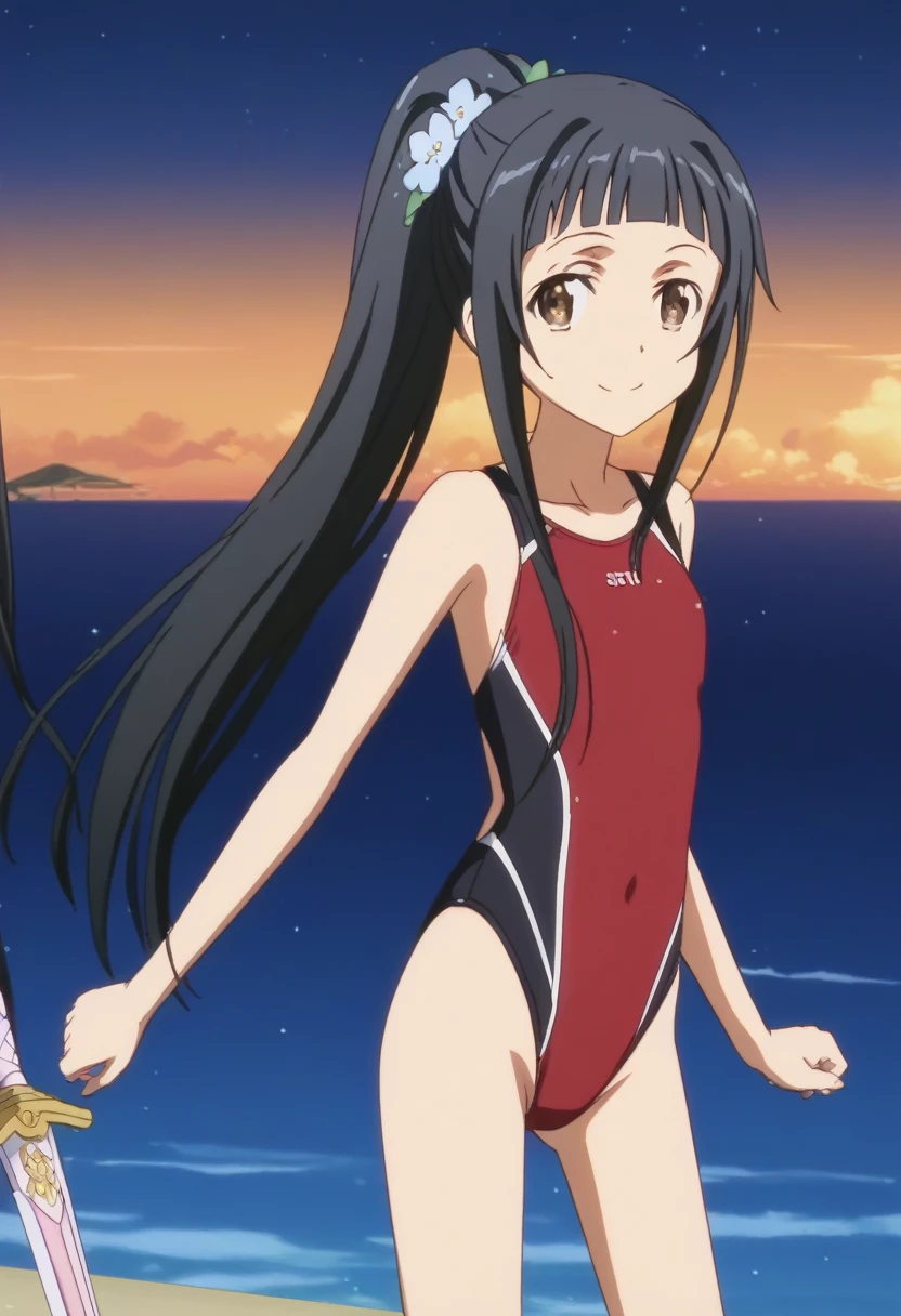 sword art online, yui, long hair, bangs, black hair, hair ornament, very long hair, high ponytail, blunt bangs, hime cut, brown eyes, masterpiece, best quality, anime screencap, tsuchimiya, competition swimsuit, black swimsuit, 1girl, solo, night, ocean, v, thigh gap, happy, red one-piece swimsuit, close-up, wet, high saturation, high contrast, outdoor, 