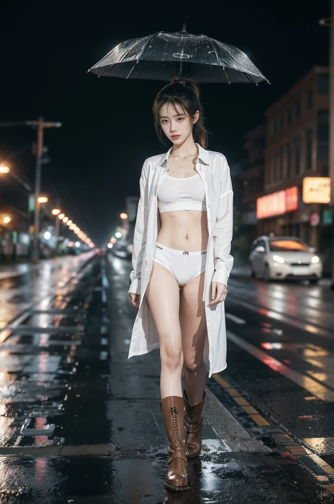 (((best quality))),(((ultra detailed))),(((masterpiece))),illustration,1girl, young,solo, slim,thin,short ponytail,small breasts,flat chest,white collared shirt,(briefs:1.3),thighs,slender legs,boots,standing,rainy night, heavy rain, drenched clothes, melancholy expression, solitude, tear rolling down cheek, wet hair, empty streets, dimly lit, deserted environment, sound of rain, footsteps, symbol of hope, abandoned, resilience, determination, walking in rain, heartbreak, loss, love fading, loneliness, body language, facial expression, dreary atmosphere, rain-soaked streets, somber mood, viewer engagement,full body
