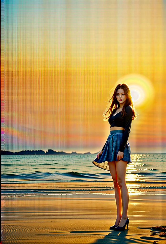 beautiful woman on the beach, wrapped skirt,