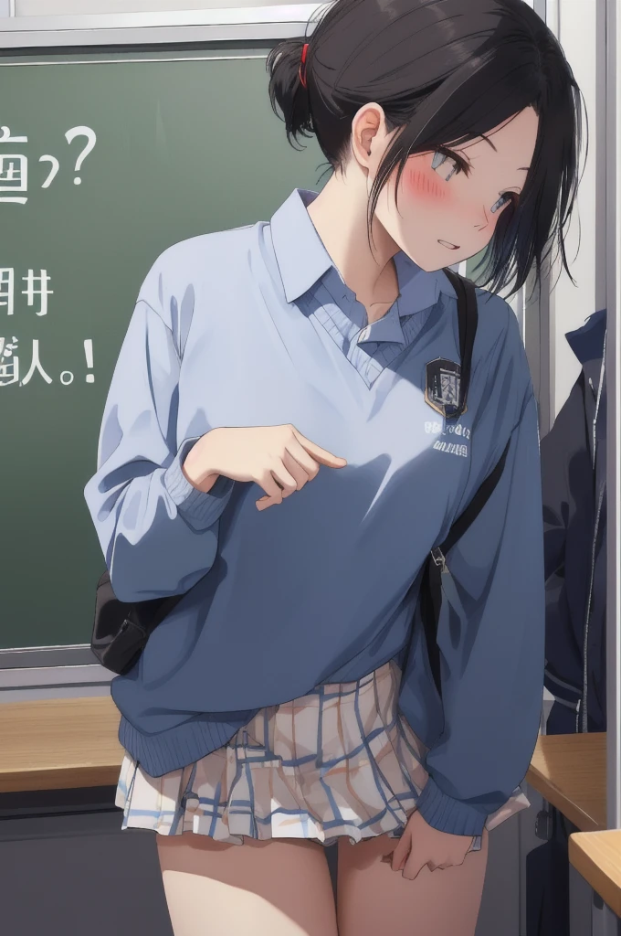 Black Hair、short hair、Short Ponytail、Blushing、Embarrassed、Take off your panties、、School classroom、blackboard