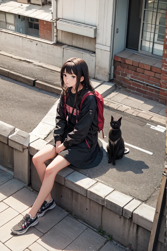 Girl looking at the horizon,sitting from a building with a camera in hands,al.side a little cat