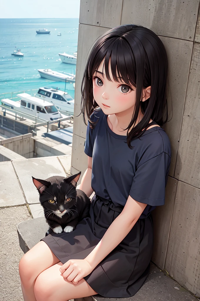 Girl looking at the horizon,sitting from a building with a camera in hands,al.side a little cat