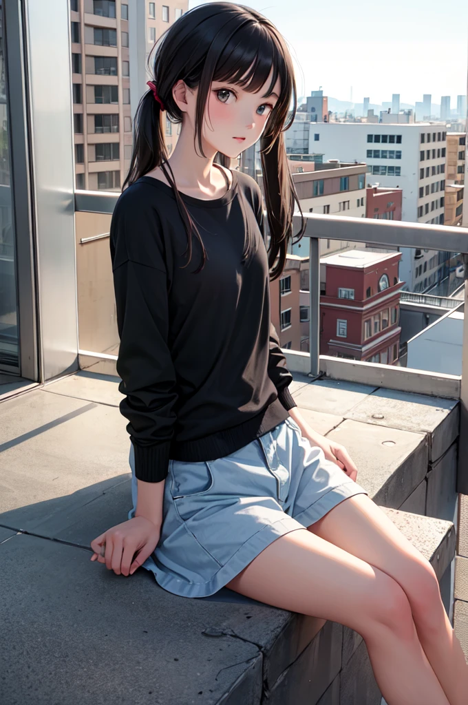Girl looking at the horizon,sitting from a building with a camera in hands,al.side a little cat