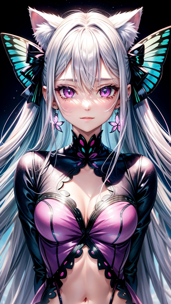 Silver hair, pink eyes, body, cat ears, woman, earrings, erfly background, blue pink clothes, butty hair bows, happy face