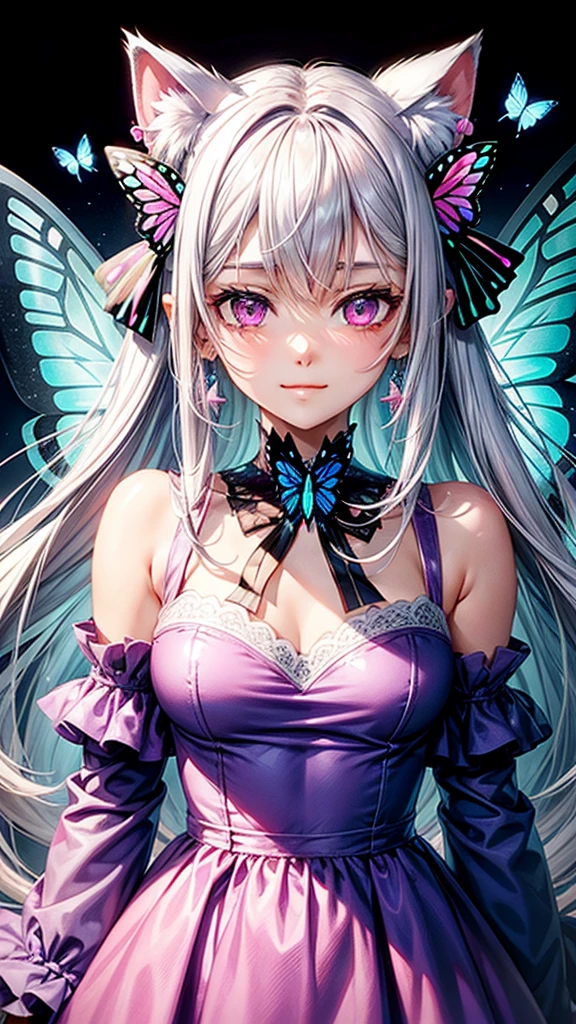 Silver hair, pink eyes, body, cat ears, woman, earrings, butterfly background, blue pink clothes, butterfly hair bows, happy face