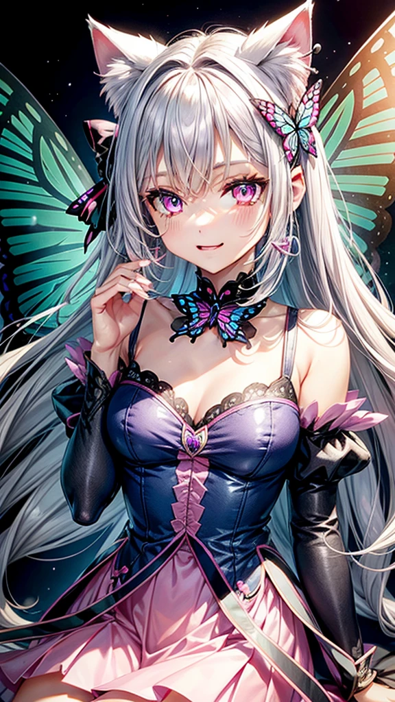 Silver hair, pink eyes, body, cat ears, woman, earrings, butterfly background, blue pink clothes, butterfly hair bows, happy face