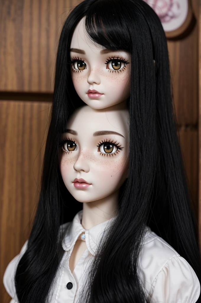 Una blythe doll, with long black hair, has a layered cut, has white skin, pink lips has few freckles and several moles, His eyes are elongated Chinese and are dark brown but not so dark., a visible cafe, she dresses only in black like an emo goth, wear dark makeup but not too dark