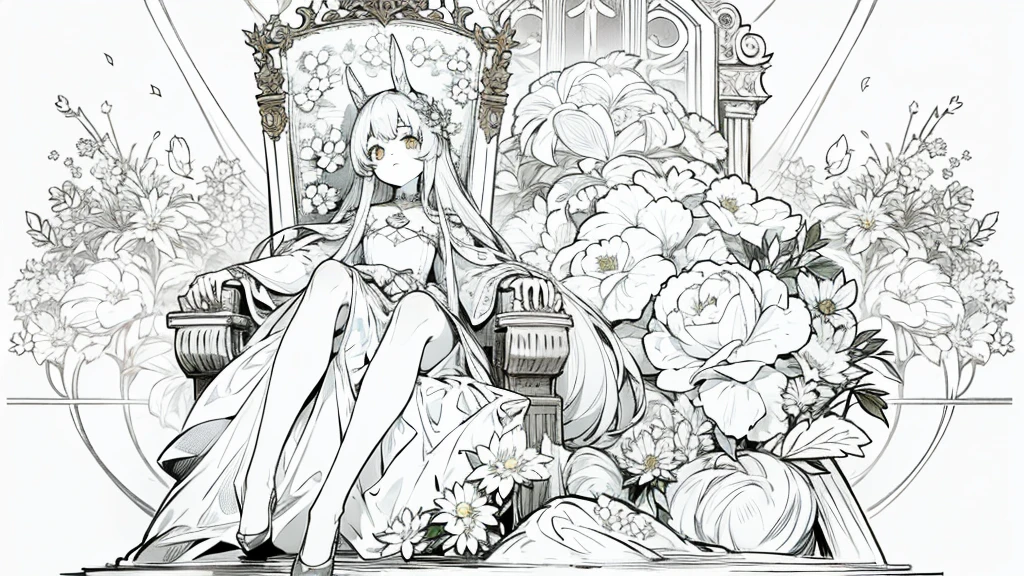 girl, sitting, flowers, bunny suit, throne, long hair, floppy ears