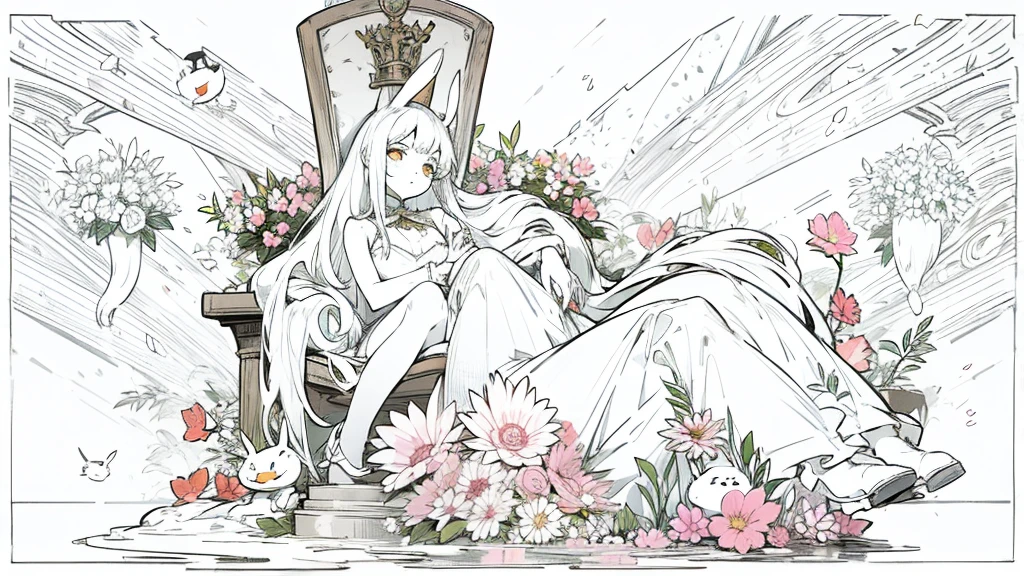 girl, sitting, flowers, bunny suit, throne, long hair, floppy ears