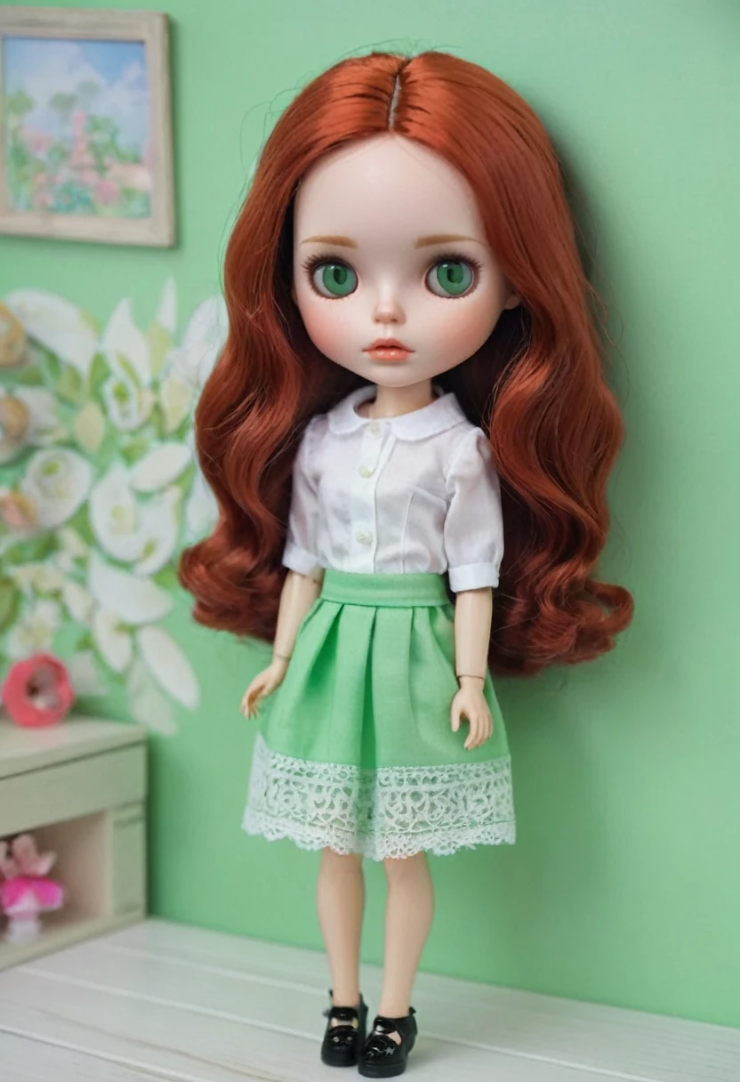 Blythe doll with curly red hair, green eyes and thin eyebrows  