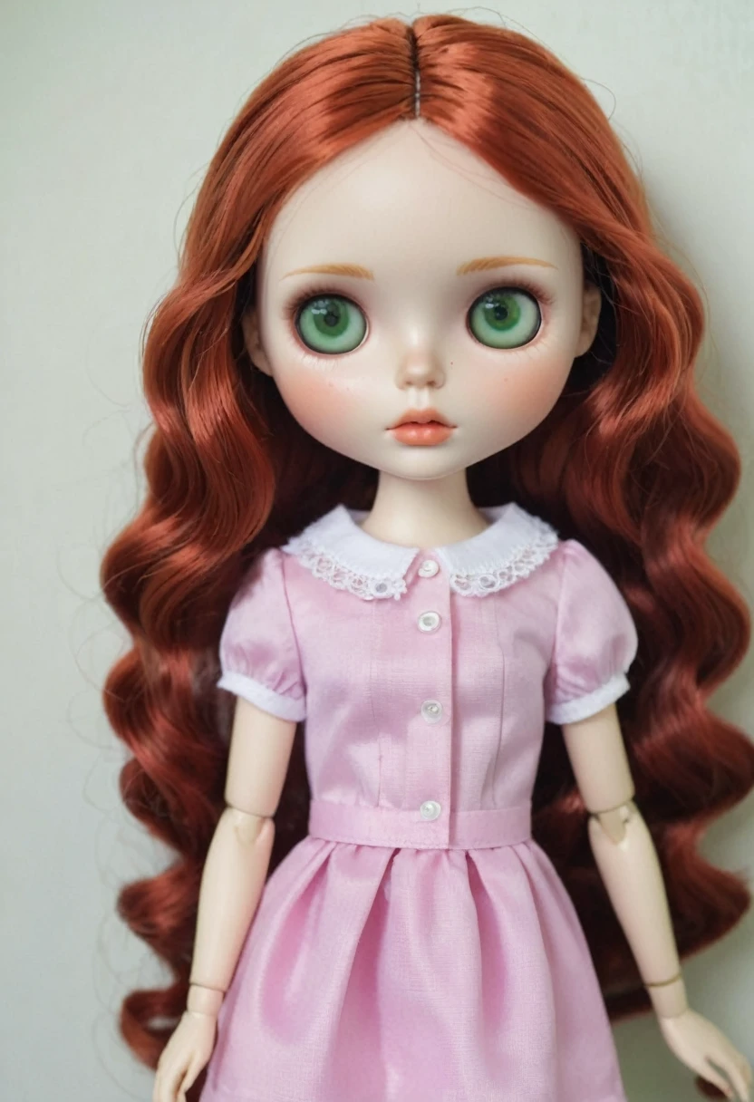 Blythe doll with curly red hair, green eyes and thin eyebrows  