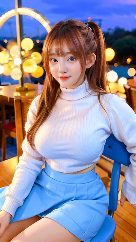 Beautiful Girl, Beautiful, Baby Face, 20 Years, White Skin, Cleavage, Colossal Breasts, Side Pose, Clothes Strap, Turtleneck Crop Top, short skirt, Blue Eyes, Muscles, Bokeh sitting on a chair, sweet smile Background cafe restaurant Karya  , Full Body Shot, from the bottom side Nighttime pink hair