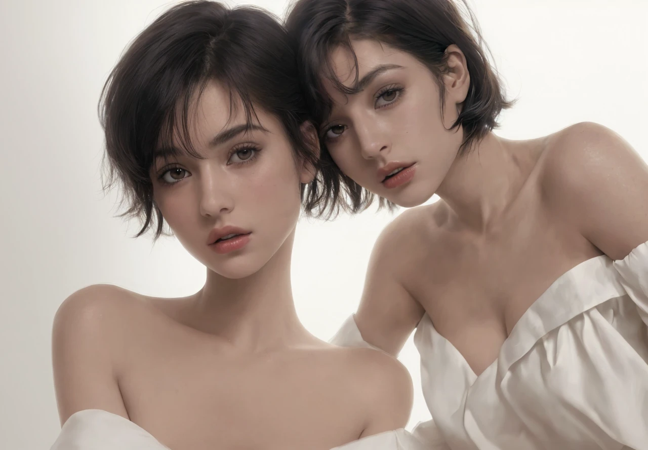 Best Quality, ultra high resolution, 1 chico, off the shoulder, in the dark, deep shadow, low key, cold light, sexy look, short hair, bare shoulders, sexy collarbones